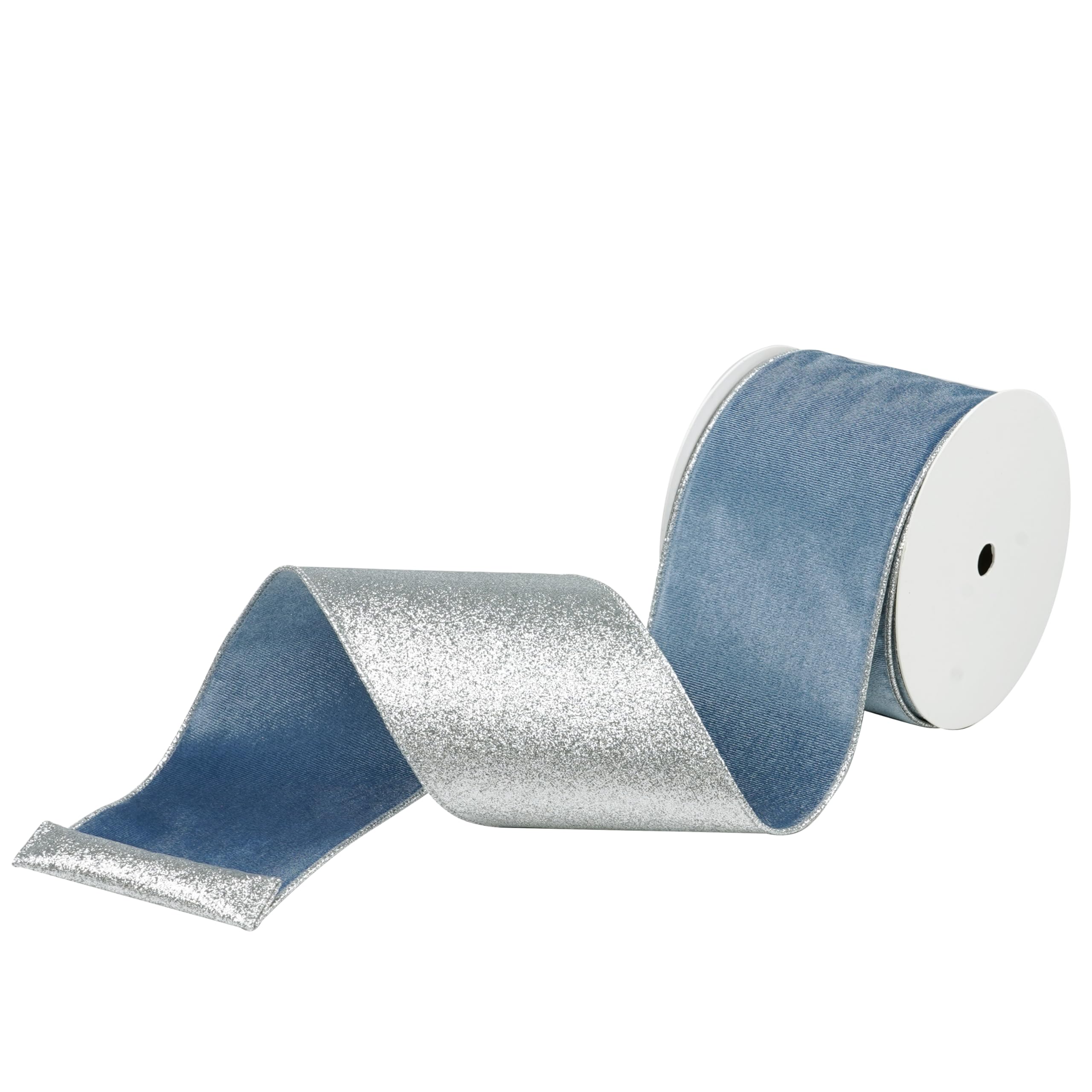 Dusty Blue Velvet Wired Ribbon with Glitter Back 4 Inch Blue and